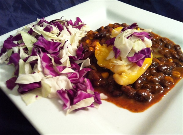 Dining With The Doctor: Baked Hath Served over Black Beans and Topped with a Red and Green Cabbage Slaw